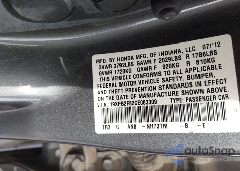 2012 Honda Civic Ex z USA, uszkodzony, nr VIN 19XFB2F82CE083309